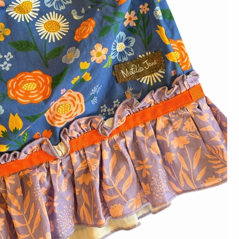 Matilda Jane Girls 6 Floral Patchwork Ruffle Dress Orange Blue Purple Cotton - Picture 4 of 7